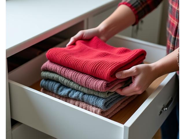 Stack of neatly folded seasonal clothes being placed into a drawer.
