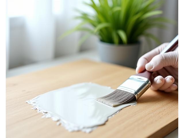 A paint brush applying a clear, low-VOC finish to a wooden surface, with a blurred background of a healthy plant.