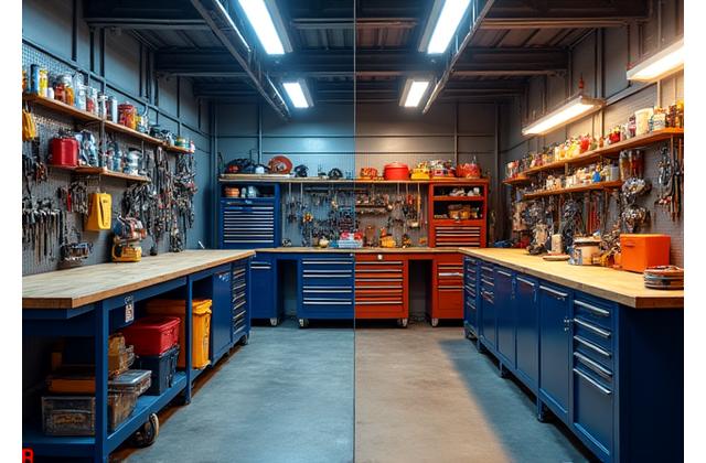 Image of a professional workshop garage before and after optimization with heavy-duty shelving