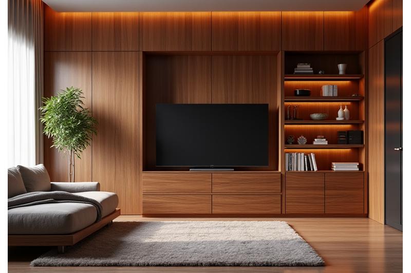 Stylish living room with discreet modular storage units blending with decor