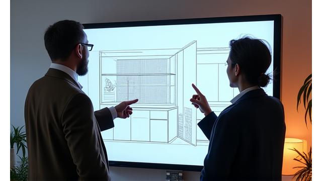 Architect reviewing modular storage plans with a client in a modern office.