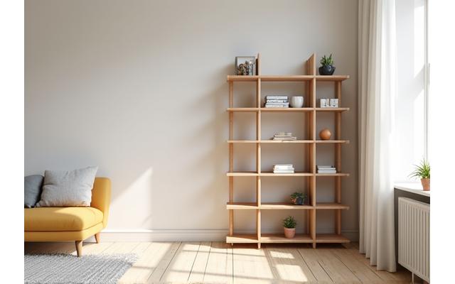 A clean, modern apartment living room featuring a free-standing modular shelving unit that requires no wall mounting, showcasing books and decorative items.