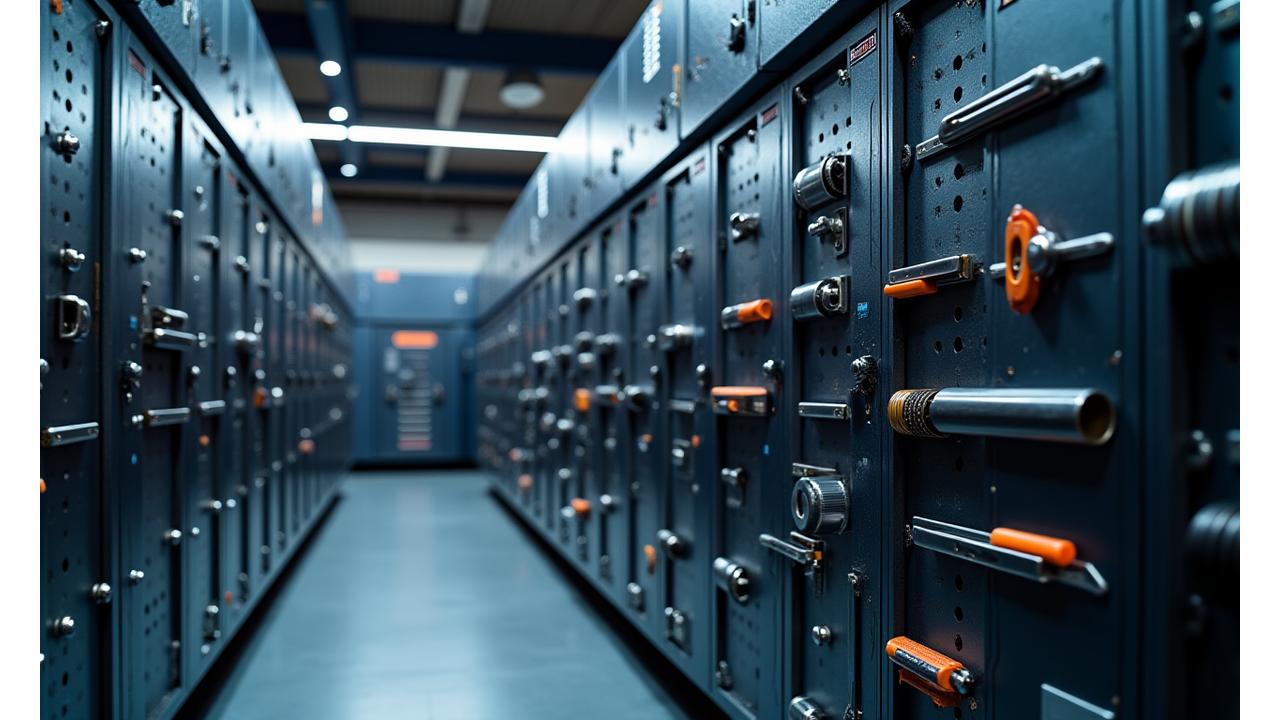 Heavy-duty, secure modular tool storage system with integrated locking mechanisms and reinforced steel doors in a well-lit professional workshop.