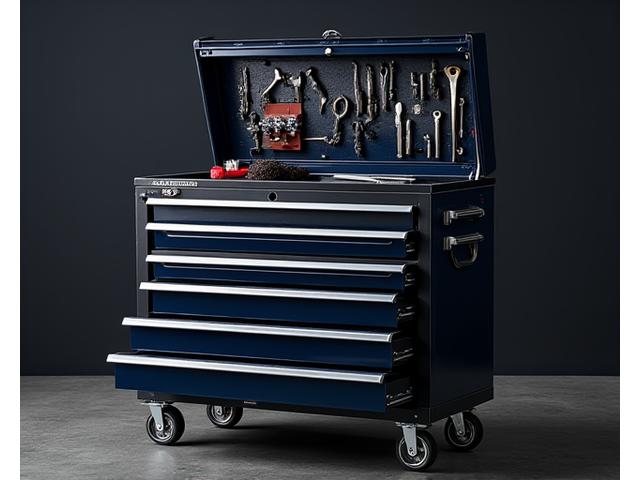 Heavy-duty black modular tool chest with multiple locked drawers, situated in a professional garage setting.